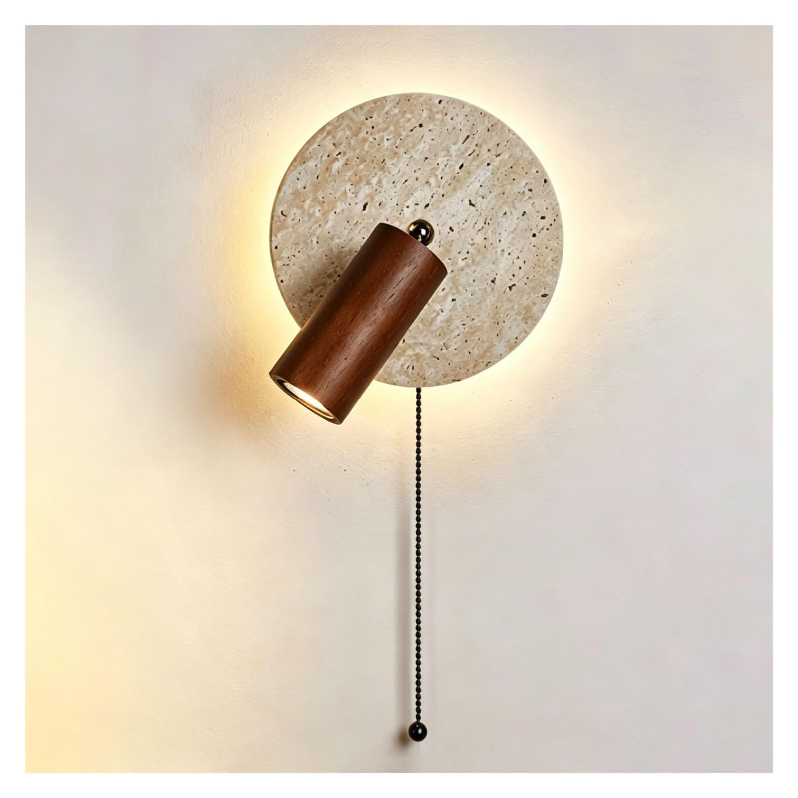 LUOYAOB Yellow Travertine Wall Sconce Adjustable Rotatable Reading Light with Pull Switch Japanese Style Stone Wall Lamp Solid Wood Base Vintage Hardwired Wall Fixture E26/E27(Walnut -C)