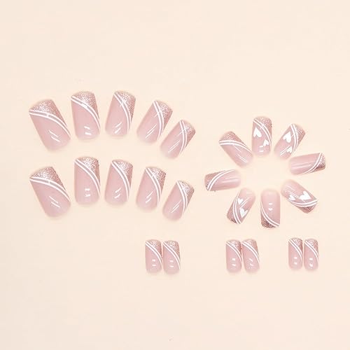 Miniatura 8 de 24 uñas postizas acrílicas de punta francesa blanca a presión, acabado brillante con diseño de purpurina verde, color rosa nude medio, uñas