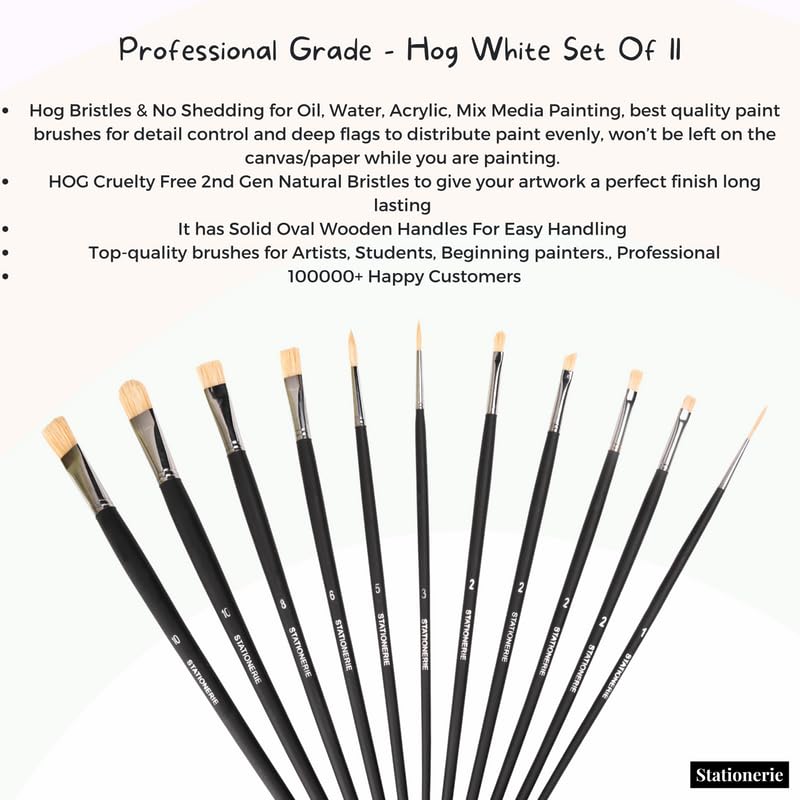 Image of Stationerie Hog Paint Brush Set of 11 (Mix Paintbrush Set of 11) - Long Handle Artist Paintbrushes with Natural Hair for Oil Painting & Mixed Media (Black)