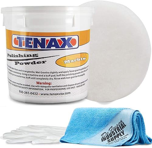 Tenax Marble Polishing Powder 2.2lbs Tub - Norton White Gloss Pad - 16x16 Microfiber Cloth - Gloves - BUNDLE - 4 Items