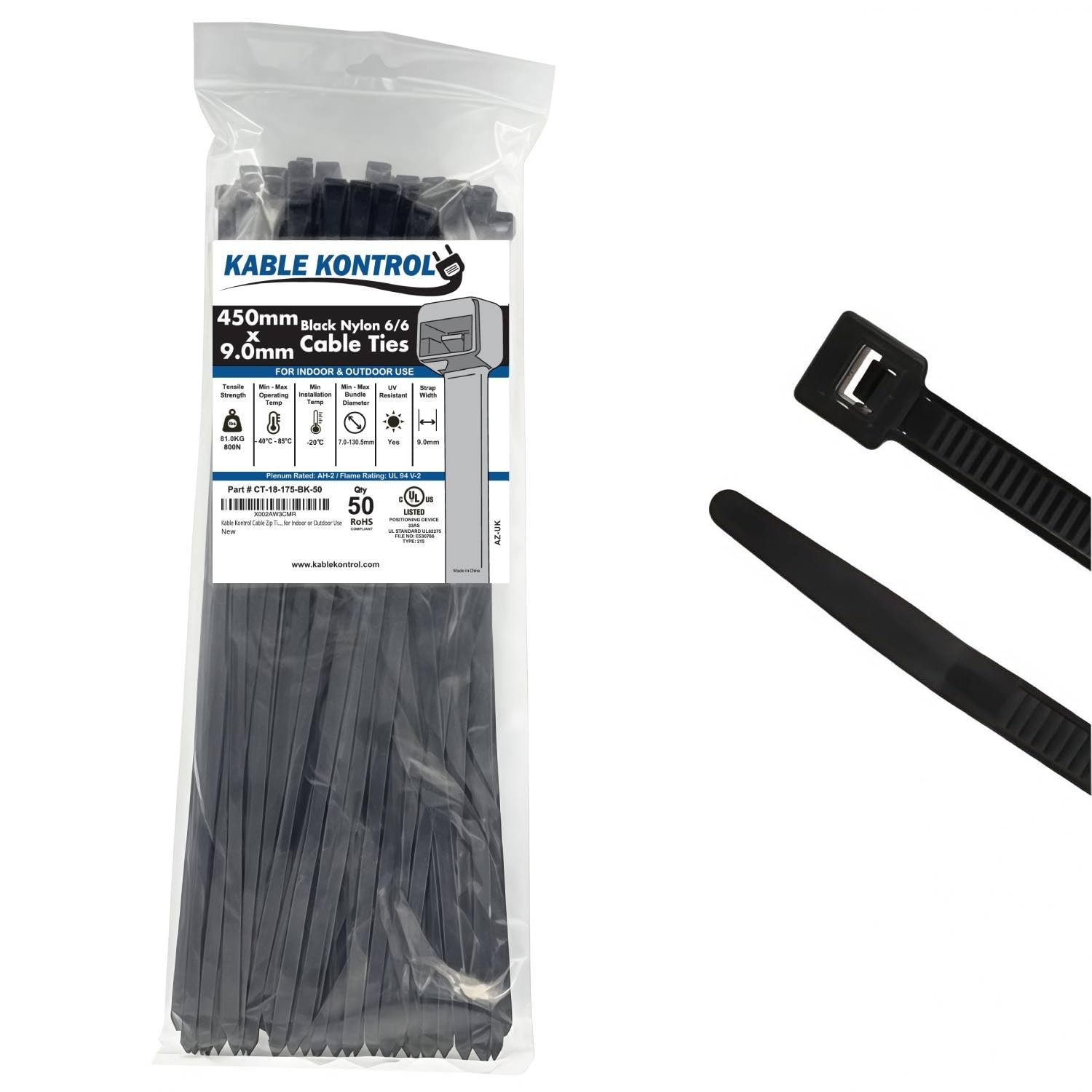 Kable Kontrol Black Cable Ties, 450 mm x 9 mm, Pack of 50, 18" Premium Nylon Zip Ties, Multi-Purpose Plastic Tie Wraps, Secure Self-Locking Mechanism, for Home, Garden, Office and DIY — image 1
