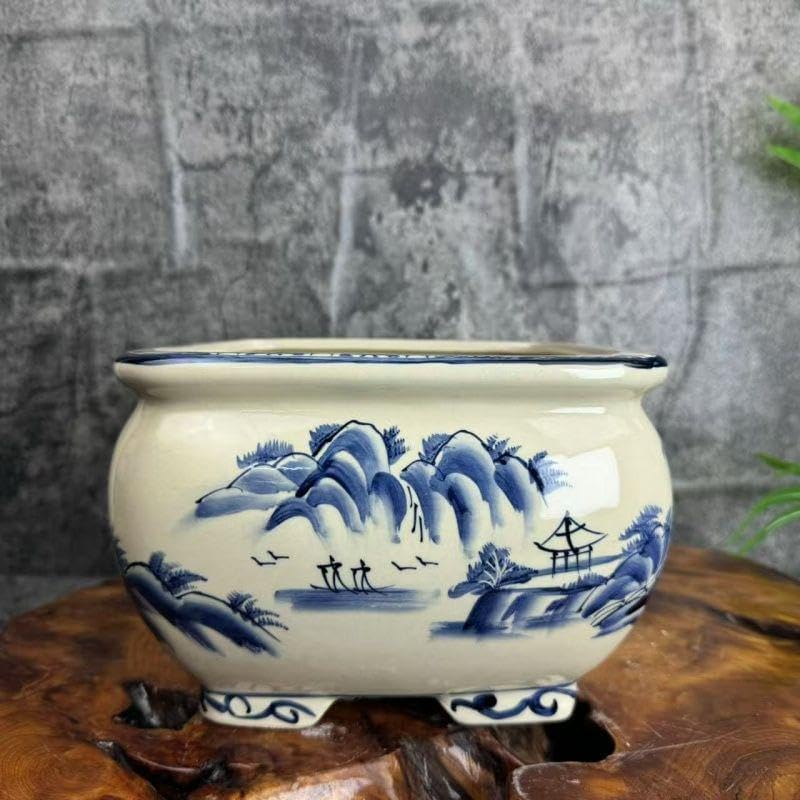 盆山水図青花磁栽鉢 山野草鉢 多肉植物 植木鉢 🏏 小品大