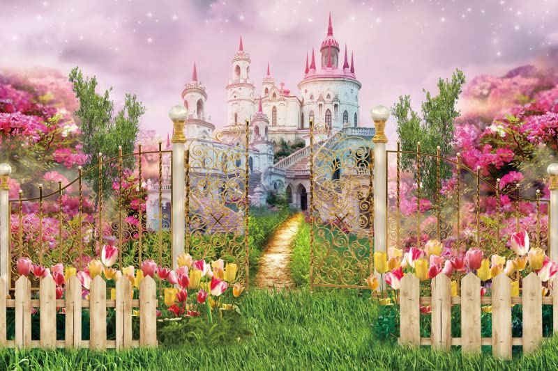 Sfondo Fotografico 7x5 Ft – Giardino Castello Principessa, Arcobaleno E Cigni – In Poliestere, Per Feste E Compleanni