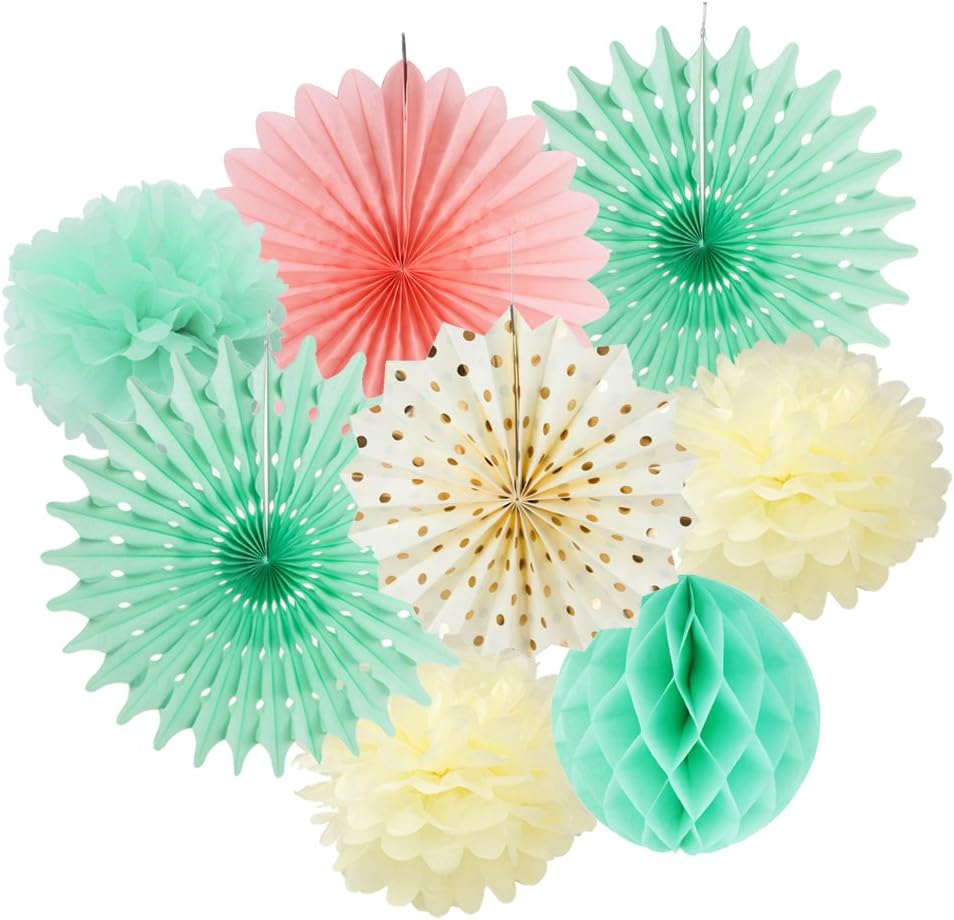 SUNBEAUTY Party Paper Fans Decoration Pom Poms Flowers Kit for Baby Shower Wedding Birthday Carnibal Decoration 8 Pieces One Size Mint Cream Pink