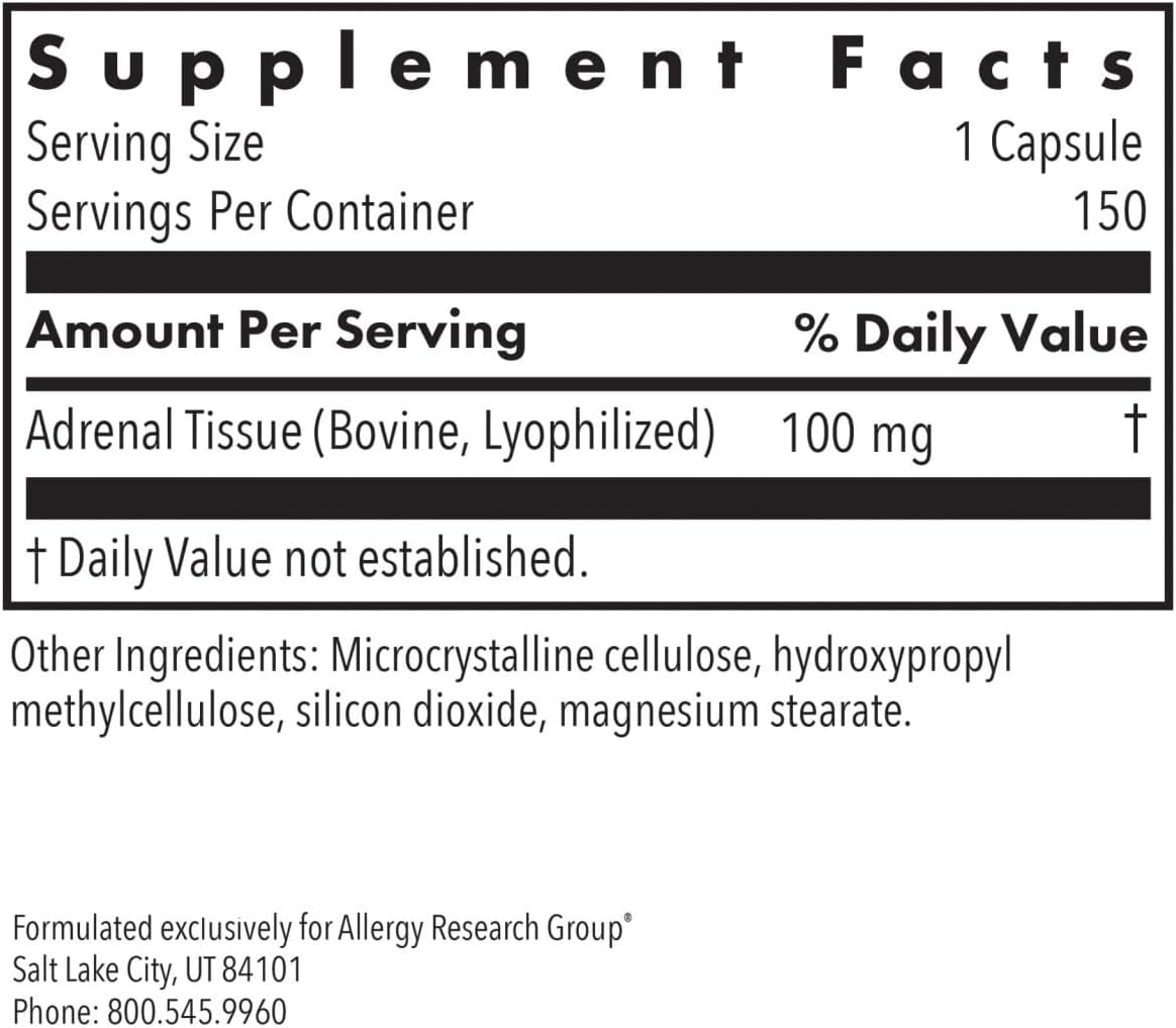 Allergy Research Group ARG Adrenal Cortex - Supports Healthy Stress Response & Metabolism - Delivers 150 mg Freeze-Dried Bovine Adrenal Cortex Tissue - 100 Servings - 150 Capsules