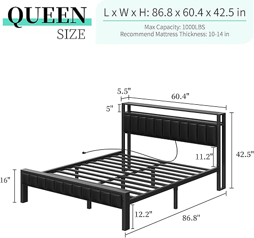 Miniatura 11 de Base de cama de tamaño matrimonial, plataforma LED con cabecera de piel sintética, estación de carga, espacio de almacenamiento de 2 niveles, no