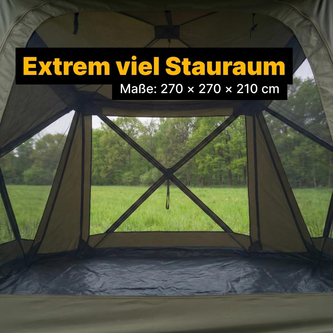 MK Angelsport Cooker Social Roomer Küchenzelt – Angelzelt & Camping Pavillon mit 10.000mm Wassersäule, Stahlrahmen, Panorama Fenster, 3x3m