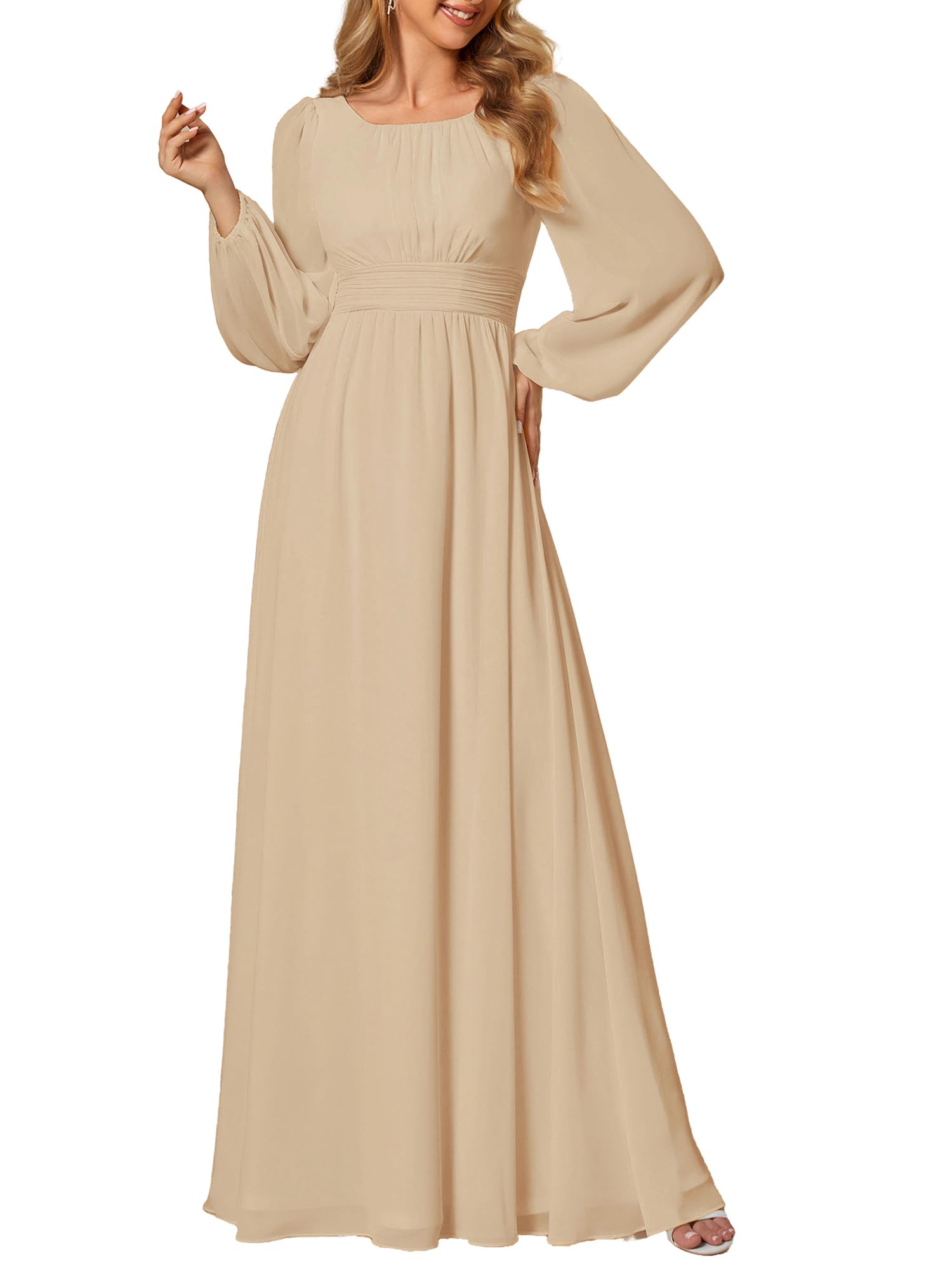 Ever-Pretty Robe Demoiselle d'honneur Femme Longue Manches Longues Col Rond Mousseline Chic Champagne 48