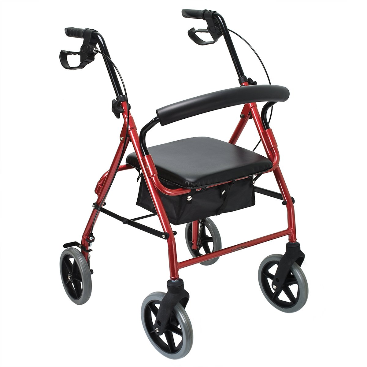 Health Line Massage Products Aluminum Folding Mobility Rollator Walker with 8 Inch Wheels for Seniors, Paded Seat and Backrest, Red