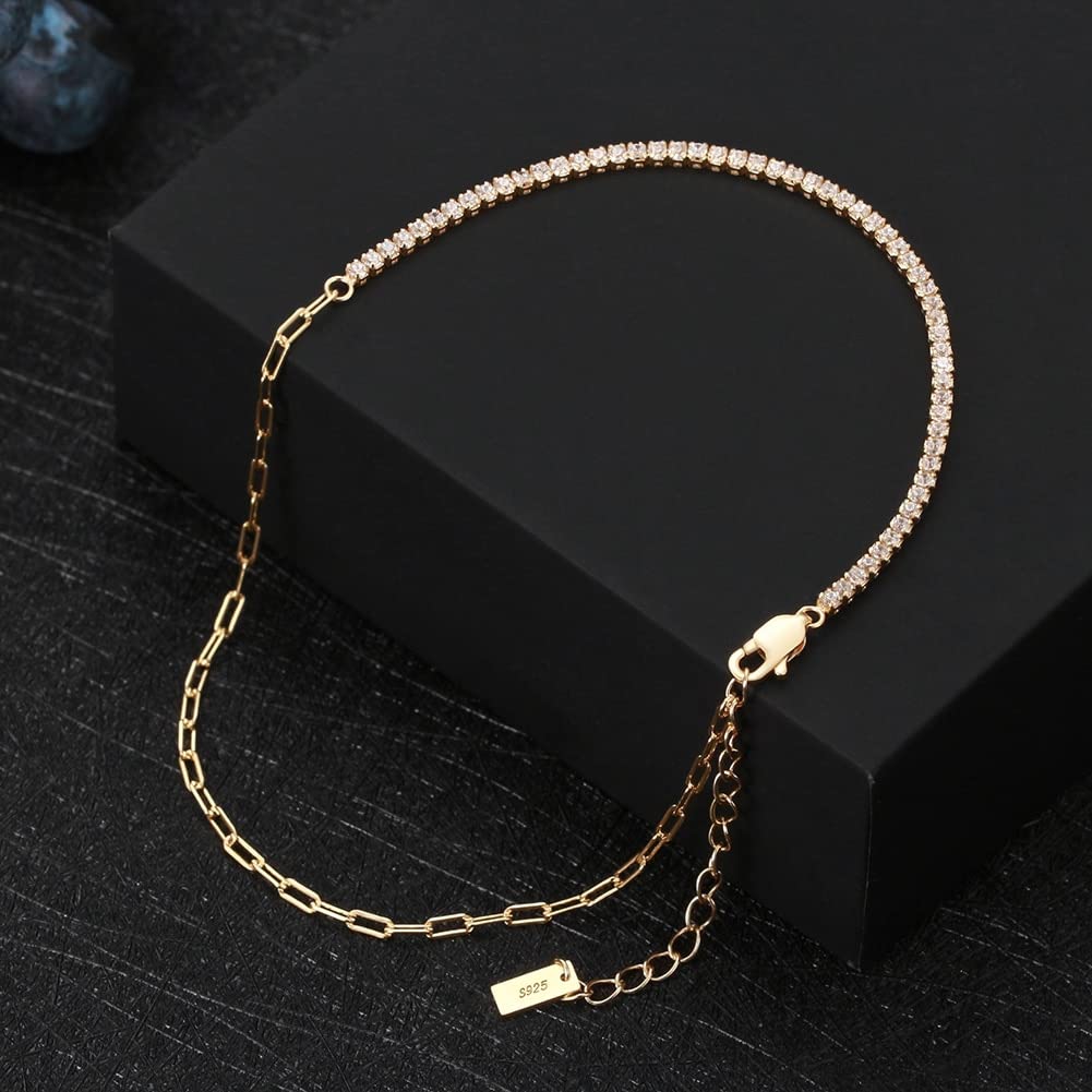 Pulsera de pie, Cadenas for el Tobillo, Cadenas de Clip de Oro, Tobilleras de Tenis for Mujer, Plata 925, Moda de Verano, joyería de Cadena de pie de Zirconia cúbica