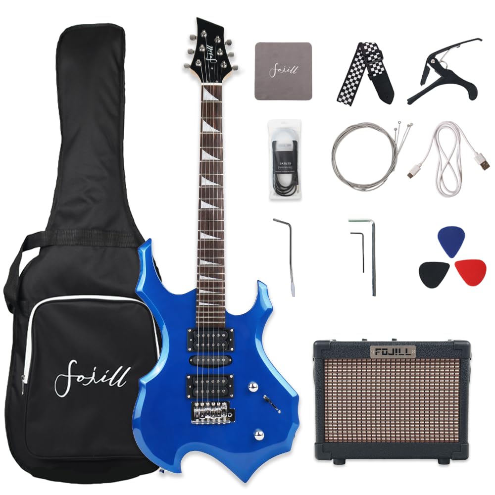 Fojill Heavy Metal Cool Shape Electric Guitar Kit Set Beginner Starter Combo Package Bundle 20W Amplifier Amp Accessory Padded gig Bag,Picks, Cable,Strap,Extra Strings (FCGK-60, Metallic Blue)