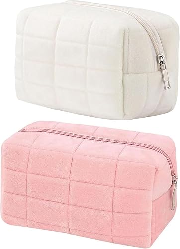 Miniatura 9 de Bolsa de maquillaje pequeña bolsa de cosméticos para mujeres y niñas, bolsas de maquillaje a cuadros Y2K, Blanco, Neceser
