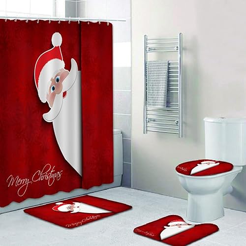 Miniatura 13 de Juego de 4 cortinas de ducha con alfombra antideslizante, cubierta para tapa de inodoro y tapete de baño, cortina de ducha de Papá Noel con 12 Papá