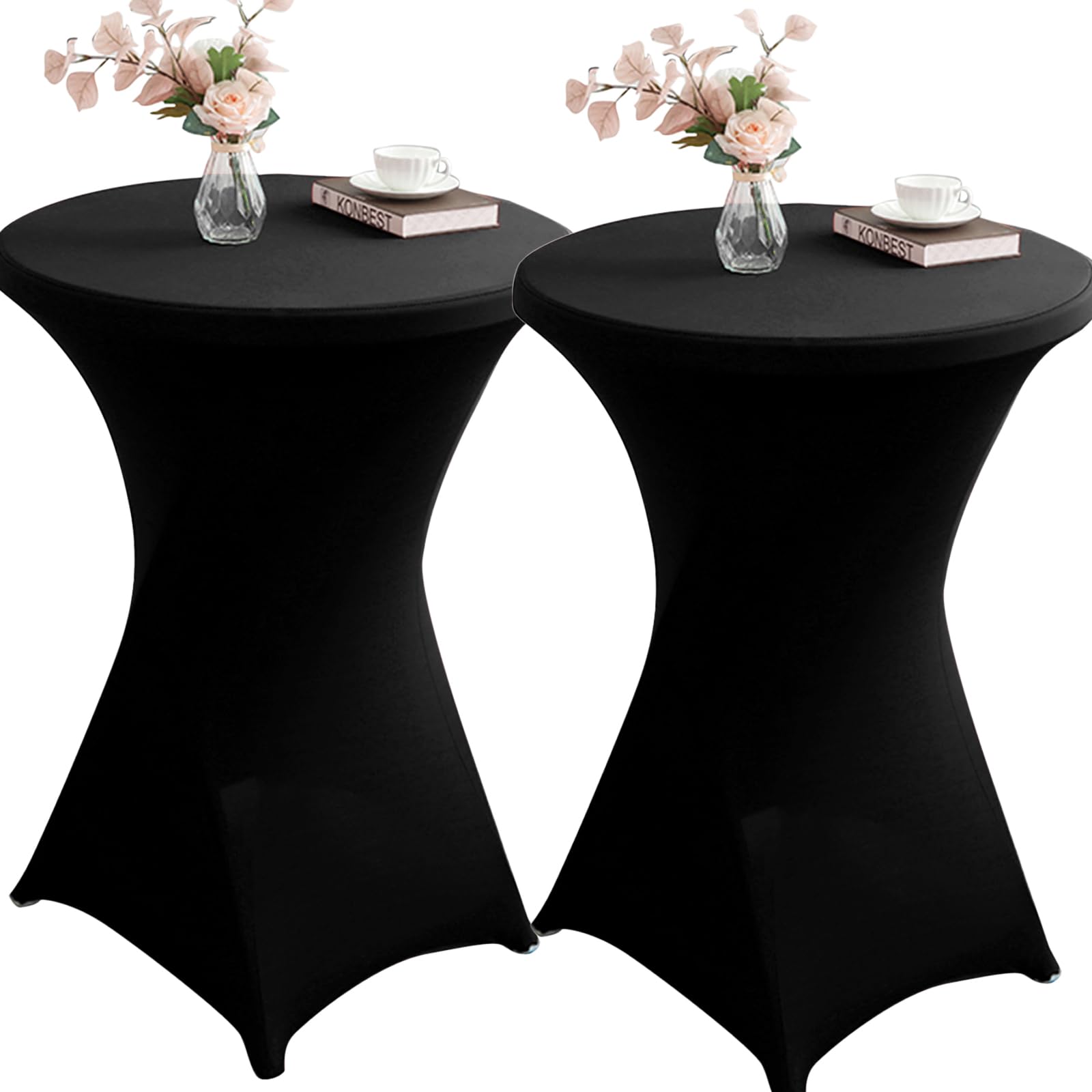 Qubjus 2 Pack Stretch Spandex Round Cocktail Tablecloth 32" x 43" – Elastic Fitted Table Cover for Weddings, Banquets, Parties, Restaurants – Black