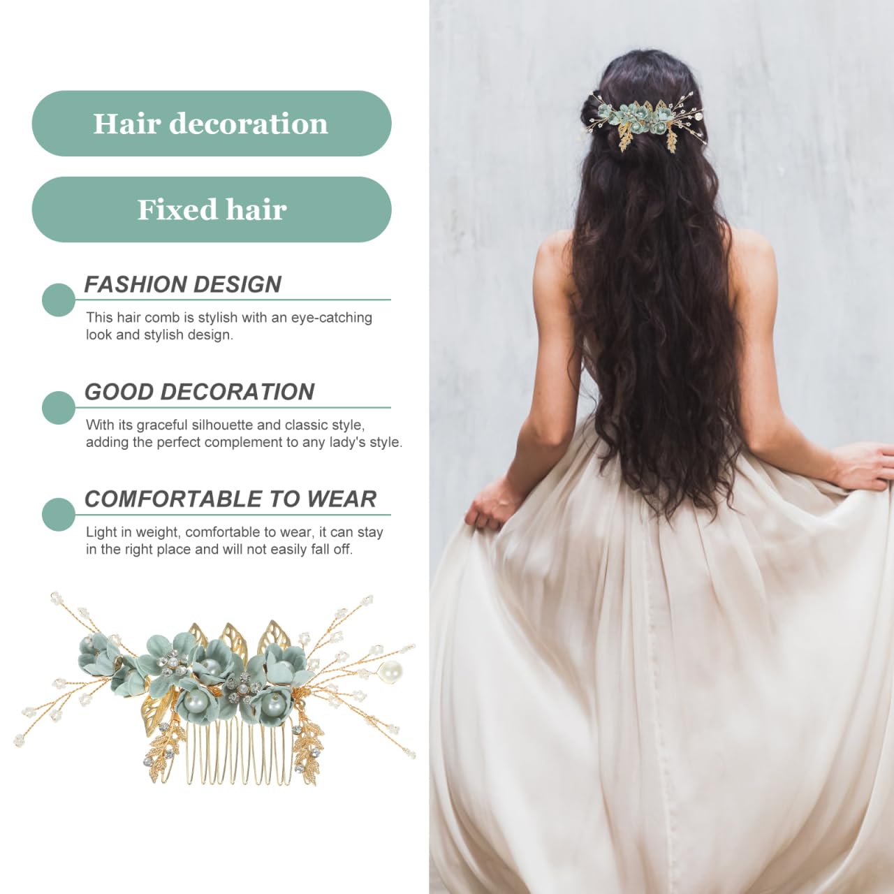 Healvian Bridal Hair Combs Sage Green Wedding Hair Comb Slide for Women Pearl Rhinestone Headpiece - Image 2