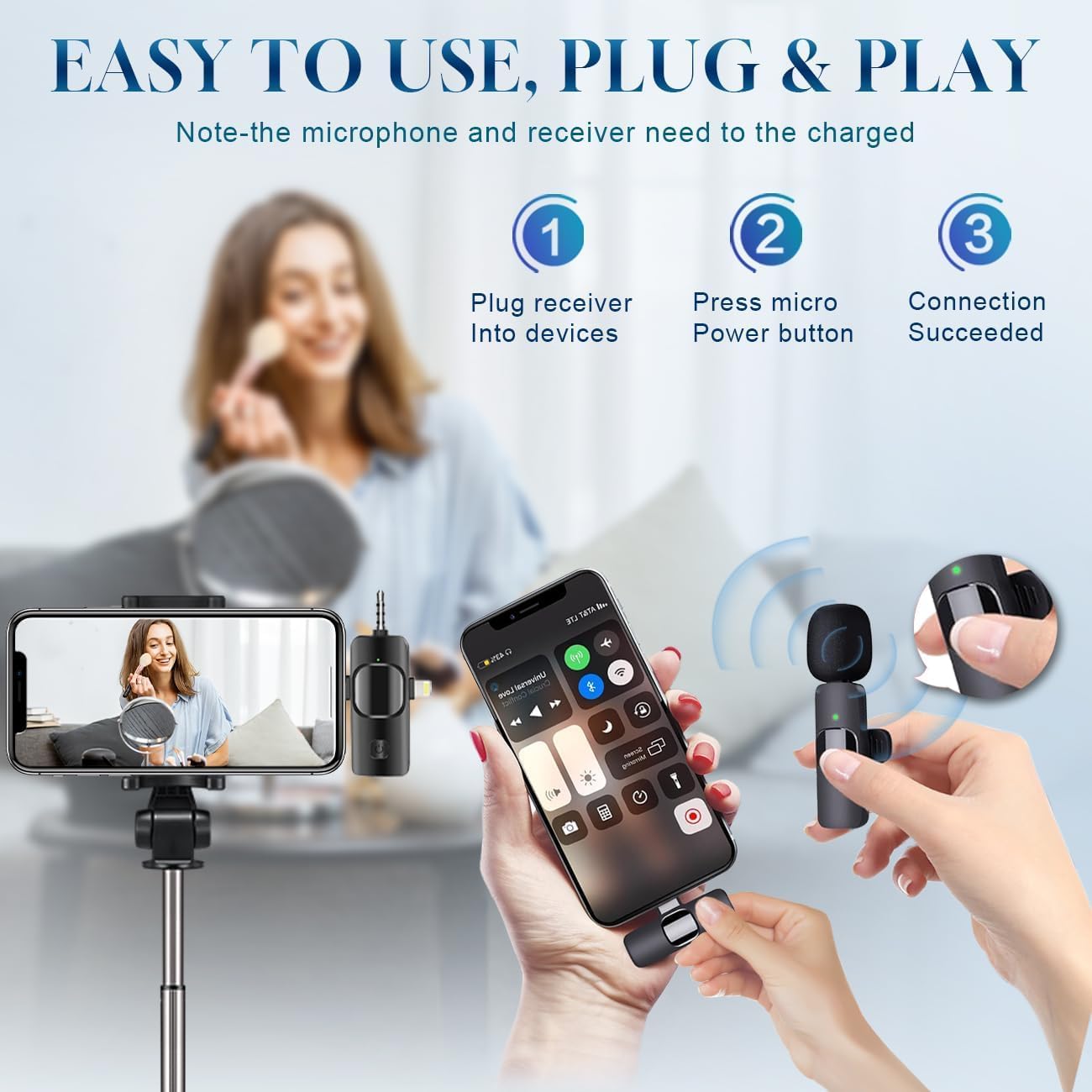 3 in 1 Wireless Lavalier Microphone for iPhone, iPad, Android, Camera,12-Hour Battery, mini Noise Reduction Recording Mic 2.4G Ultra-Low Delay, Microphone for Vlog/ TikTok/YouTube Live Stream( 1 Mic) thumbnail
