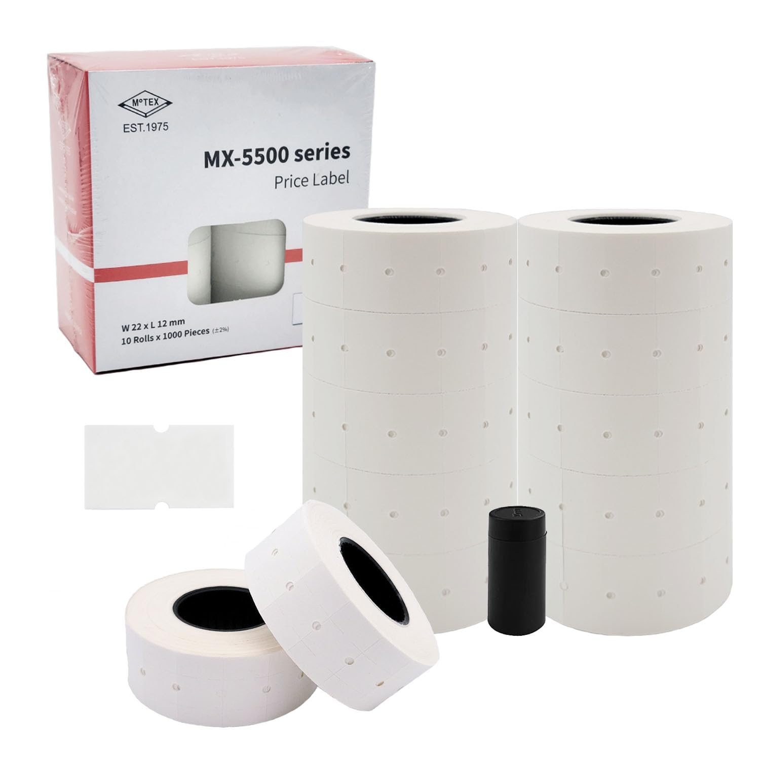 Motex 1 Line White Labels - 10,000 White Blank Price and Date Gun Labels with 1 Ink Roll, Fits MX-5500 and Perco 1 Line Price and Date Guns