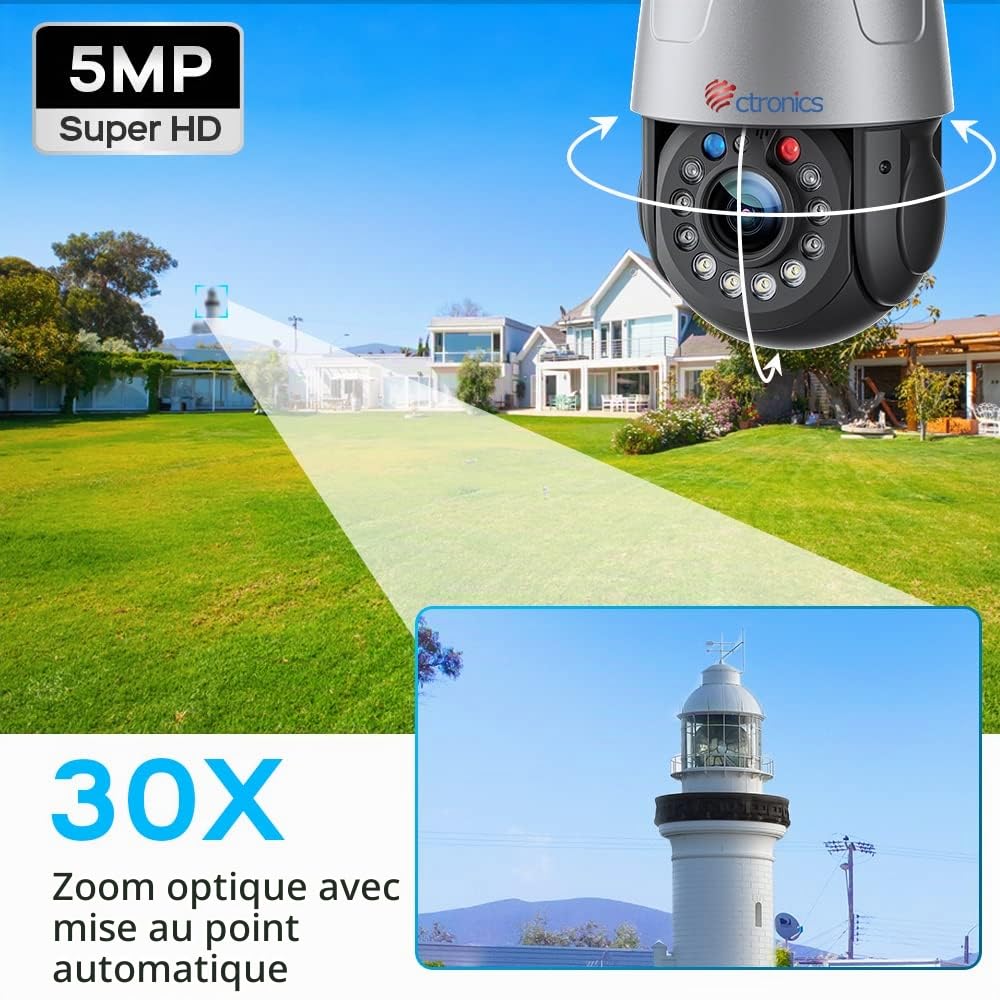 Ctronics 4G LTE 5MP 30X Zoom Optique Caméra Surveillance Extérieure IP Caméra Carte SIM avec Auto Balayage/Suivi/Zoom Vision Nocturne Couleur 150M Détection Humaine Alarme/Métal/PC/IP66