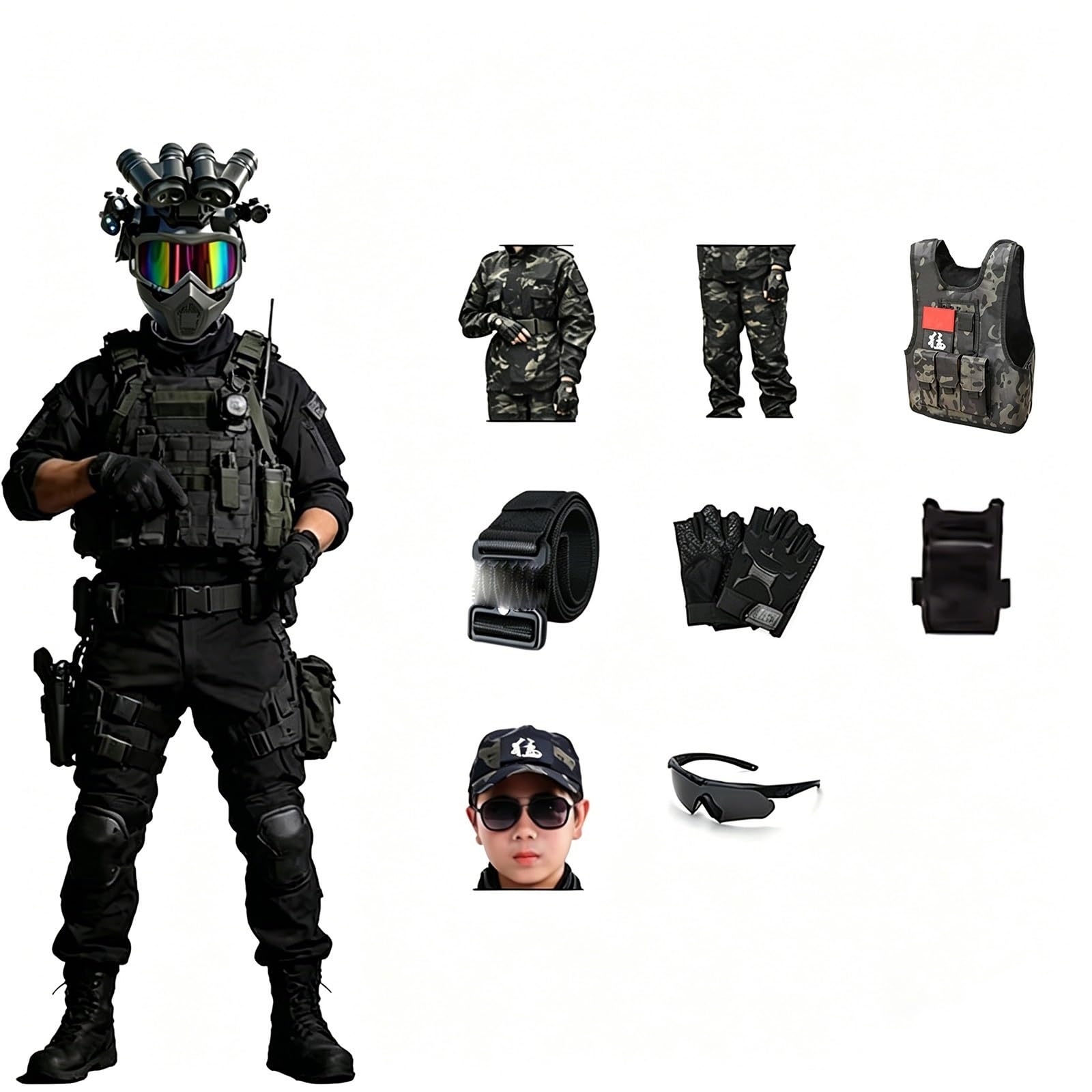 Kinder Militär Kostüm Set Soldat Armee Rollenspiel Outfit mit Zubehör, Halloween und Geburtstags Geschenk Verkleidungsset