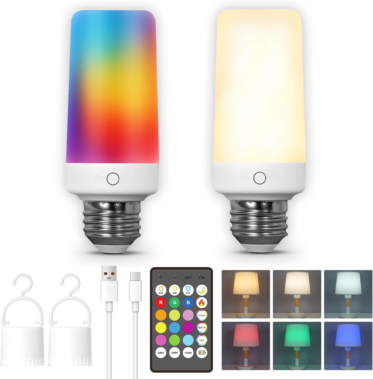2PK Rechargeable Gentle Bulbs with Distant, Emergency Battery Operated Gentle Bulbs with Twin Recharging Methods, Tuned White 12 RGB Colours Non-compulsory Timer for Lamp Energy Outages Tenting Hurricane