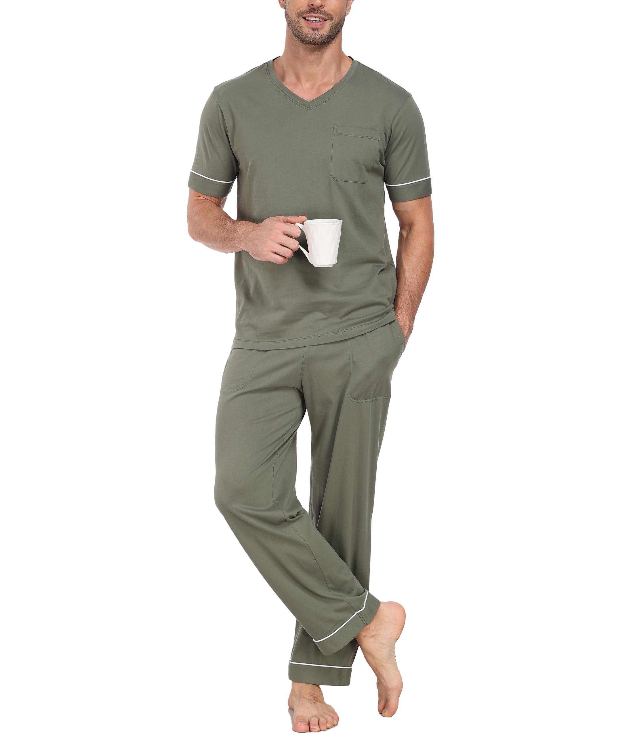 COLORFULLEAF 100% Baumwolle Schlafanzug Herren Lange Hose Kurzarm Nachtwäsche Herren Pyjama Set V-Ausschnitt T-Shirt