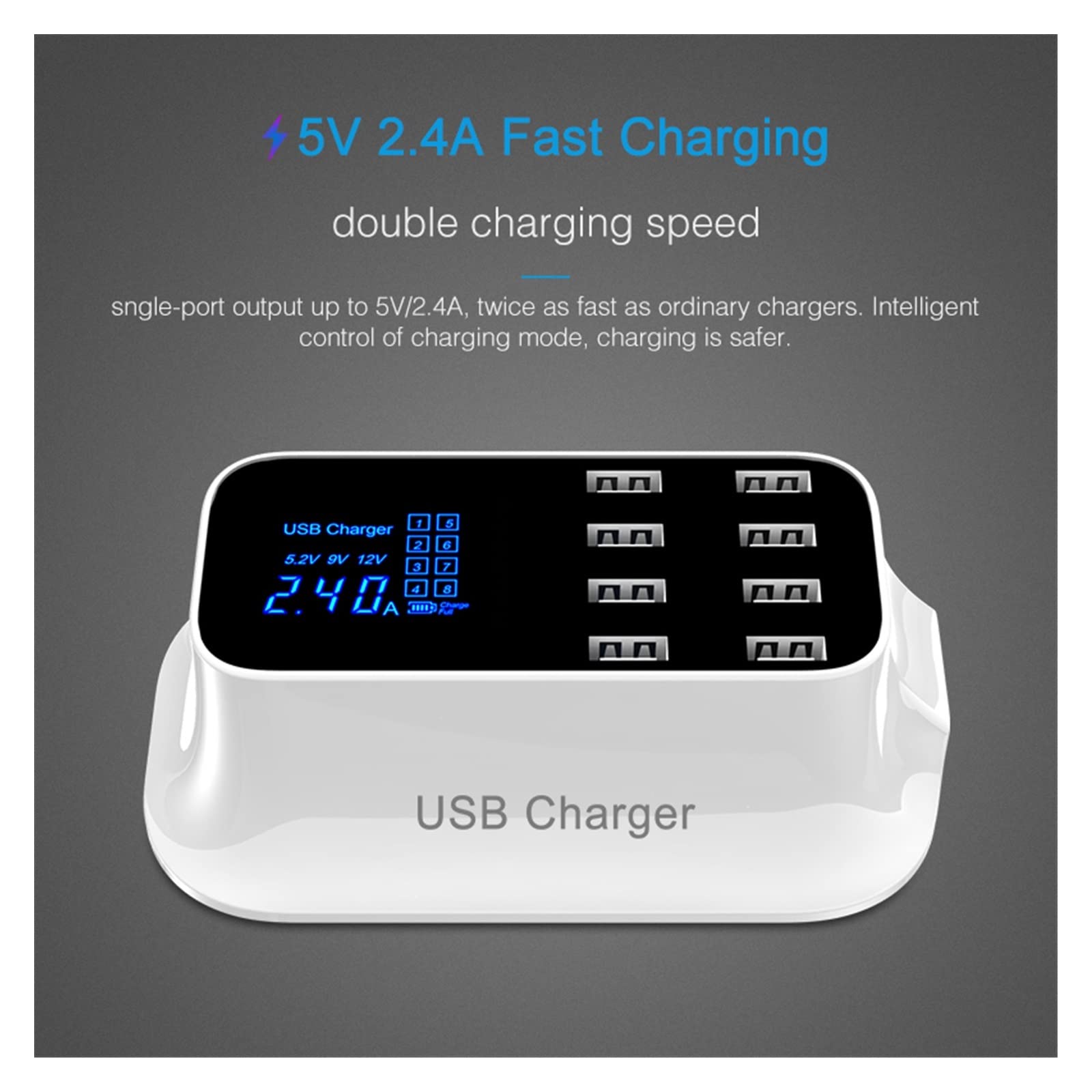 Caricabatterie USB, Display Digitale a 8 Porte Carica Rapida Adattatore di Ricarica Stazione Telefono Cellulare Domestica da Parete Compatibile con Il Caricabatterie Sicuro