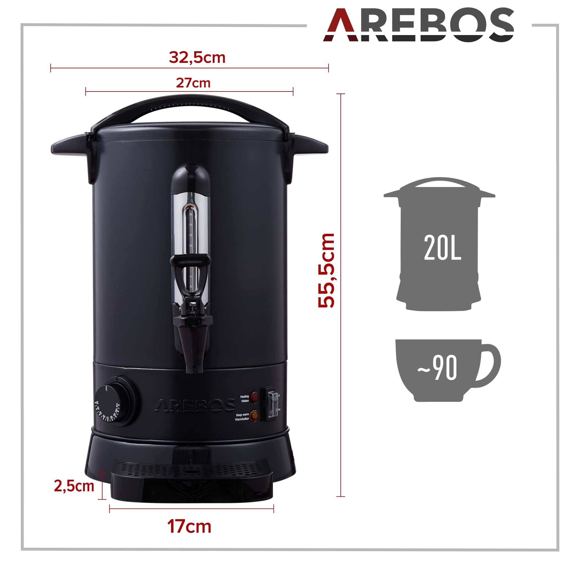 Arebos Glühweinkocher 1650W |Heißgetränkespender| 20L| Auffangschale,Auslasshahn,Thermostat,Überhitzungsschutz| Schwarz