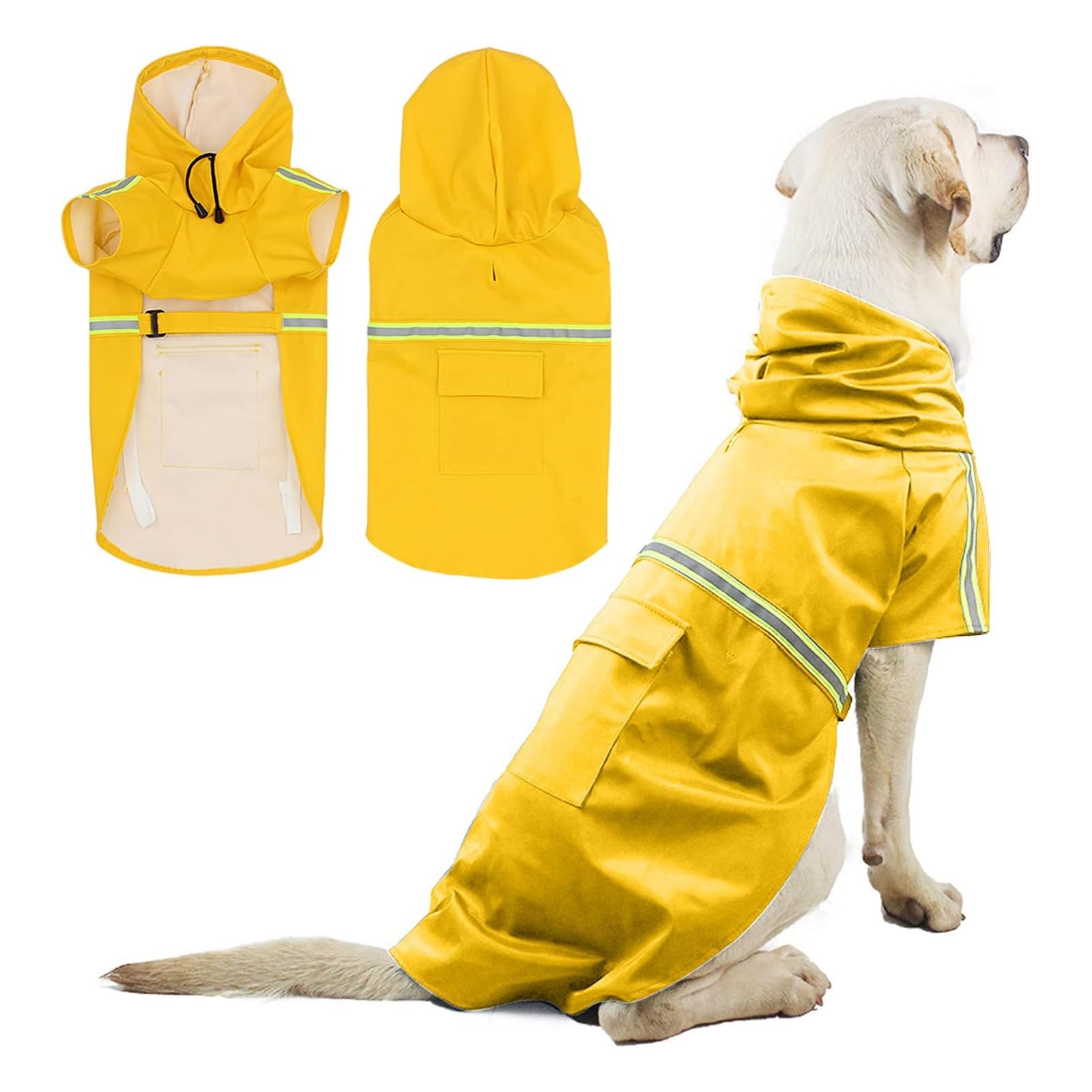 PETCUTE Impermeabile per Cani,Antipioggia Regolabile per Cani con Cappuccio e Foro per Colletto,Strisce Riflettenti Protettive,Ultraleggero 100% Cappotto Impermeabile per Animali Domestici
