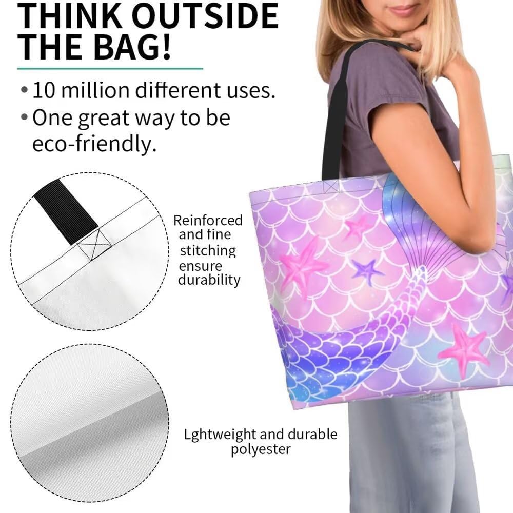 Pink Mermaid Gym Tote Bags for Women,Cute Ocean Mermaid Purse Print Shoulder Reusable Shopping Handbags Casual Travel Work Daily Waterproof Summer Grocery Bag Holiday Gifts -Large