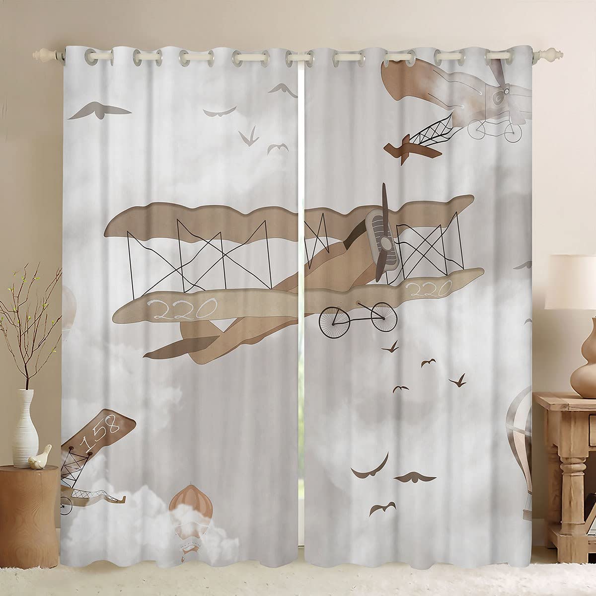 richhome Kids Aircraft Window Curtains,Hot Air Balloon Airplane Curtain,Cute Airplane Window Drapes for Kid Teens Boys Young Man,Modern Bedroom Decorative,Sky Clouds Curtain,66Wx90L