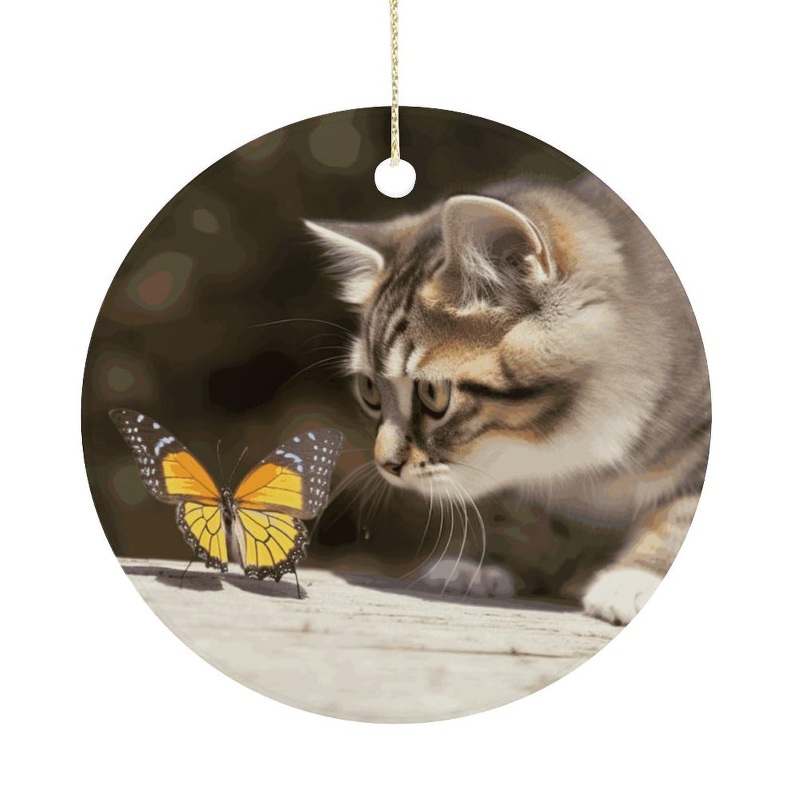 Cat and Butterfly Christmas Ornaments Colorful Round Ceramic Ornament Christmas Hanging Decor Christmas Tree Decorations Xmas Keepsake for Women Men Xmas Holiday Party