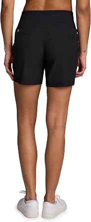 RBX Active Women's Shorts, Mid Length Quick Drying Stretch Woven Flat Front Knit Waistband Shorts with Zipper Pockets