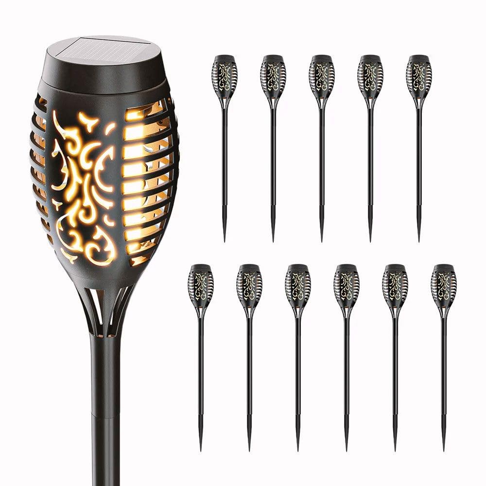 HOFTRONIC - 12er Set Avon LED Solarfackeln mit Flammeneffekt - 2200K Extra Warmweiß - IP65 Wasserdicht - Solar Flammenlicht - 50cm - Incl. Dämmerungsschalter