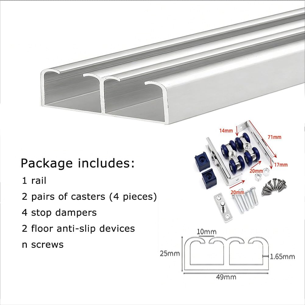 Herraje de Doble Riel para Puerta Corredera Invisible, Montaje en Parte Superior, Kit de Herrajes y Rieles, Adecuado para Puertas de Armario