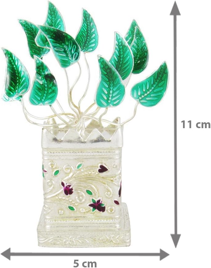 GoldGiftIdeas Silver Plated Tulsi Plant Pooja Thali Set, Traditional Return Gift for Home Function, Indian Pooja Items for Gift, Pooja Articles for Indian Festival with Potli Bags (7)