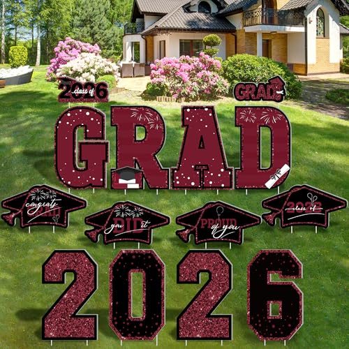 14 PCS Graduation Yard Signs, Wine Large Congrats Grad Class of 2026 Lawn Yard Signs with Stakes, Graduate Cheers Outdoor Lawn Yard Sign Graduation Party Decor Set for Senior College School