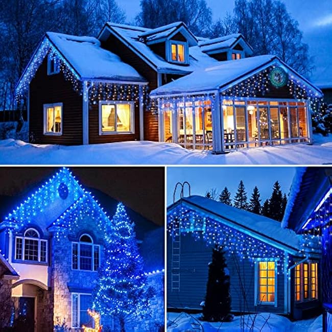 300 LED Solar Icicle Lights Outdoor with Remote Control, 33ft 8 Modes Curtain String Lights with 50 Drops, Christmas Holiday Wedding Party Decorations, Blue+White