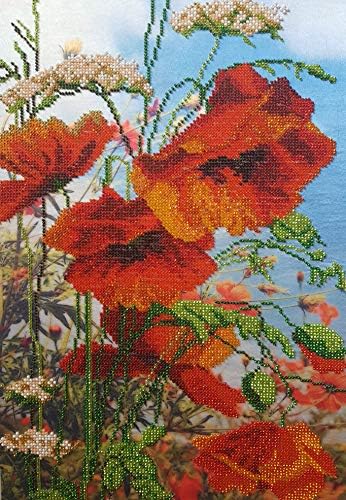Field Poppies Needlepoint Bead Embroidery DIY kit Floral beadpoint Pattern Summer Flowers Beaded Cross Stitch kit Set Stickerei mit Perlen