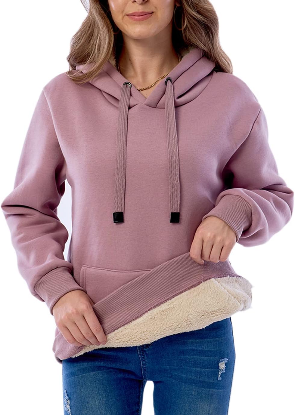 Womens Hooded Sweatshirt Fleece Sherpa Lined Hoodies Winter Causal Loose Fit Pullover - Image 2