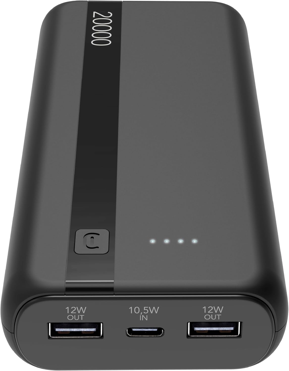 Cellularline – Power Bank 20000 – Capacity: 20000 mAh – Input: 1 x USB-C 10.5 W – Output: 1 x USB 12 W – Cells: Lithium-Ion Battery – Bright LEDs Indicate remaining charge – Black