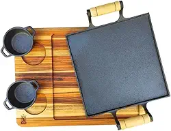 Kit Chapa De Ferro Fundido Com Suporte de Madeira Tábua De Churrasco E Cumbuca Molheira Para Fogão A Lenha Gás Bifeteira Alça De Madeira Frigideira Para Preparar E Servir Carne Batata Petisco Porção