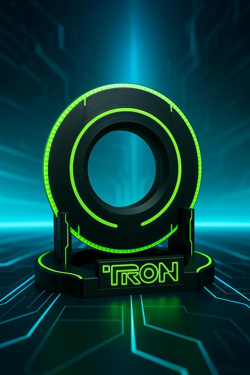 Futuristic Identity Disk Display with Stand Inspired by Tron Disc