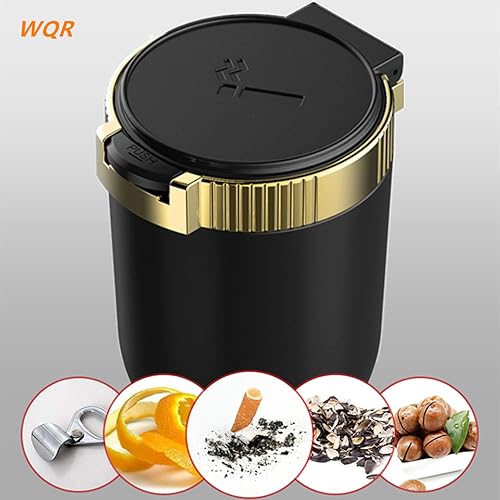 Miniatura 7 de Cenicero de automóvil con tapa, bandeja de cenizas portátil, mini bote de basura dorado con luz LED azul, resistente al viento para viajes al aire