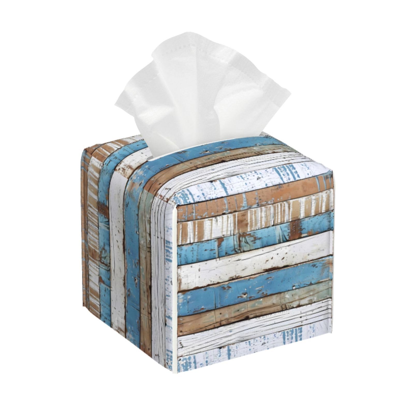 Tissue Box Cover Rustic Beach Wooden Square PU Leather Tissue Box Holder for Car Bathroom Bedroom Desk Tabletop Decor
