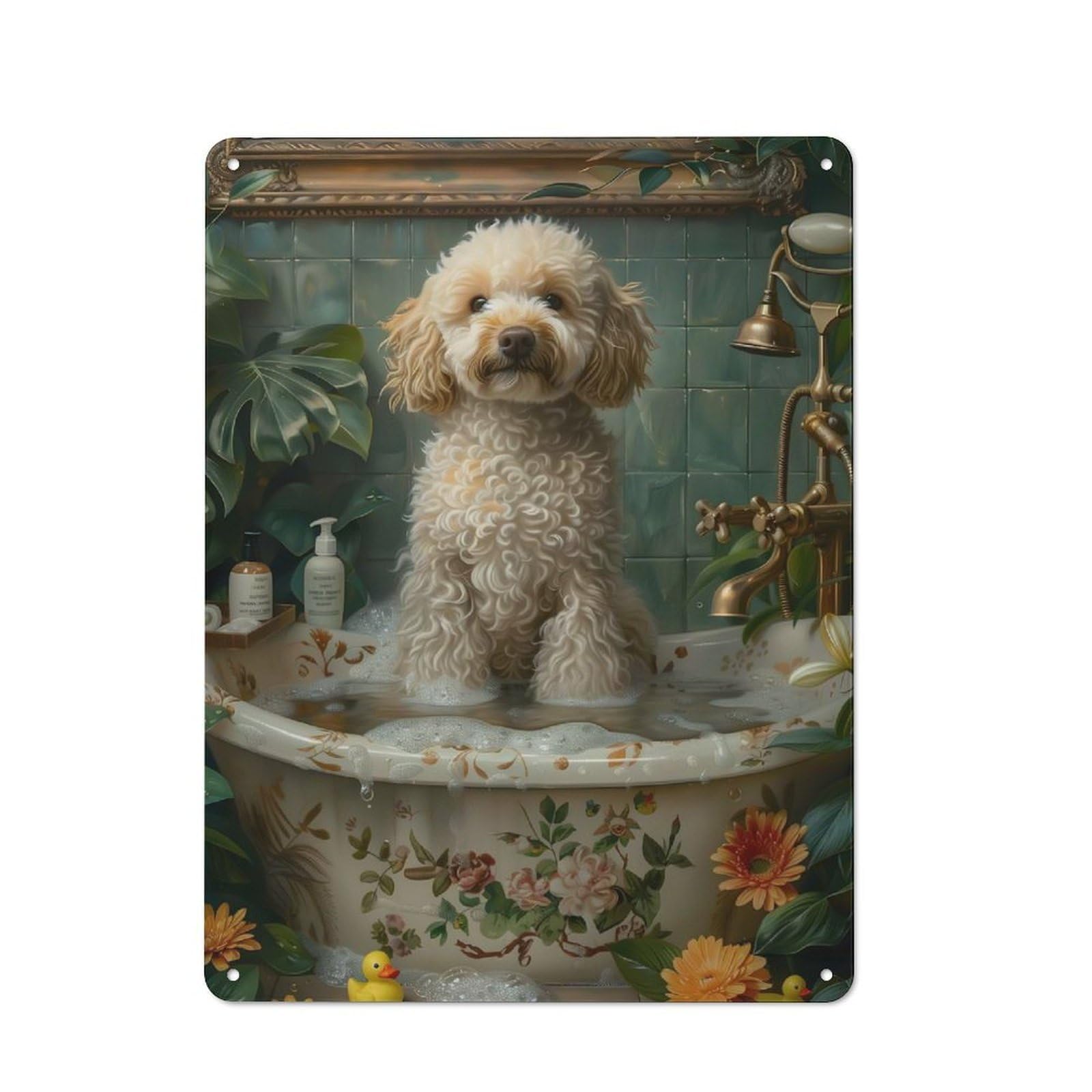 Junmoney Poodle Dog In A Bathtub Vintage Tin Sign 40X30cm For Hobby Room Or Studio, A New Home Present For Creative Interior Collectors