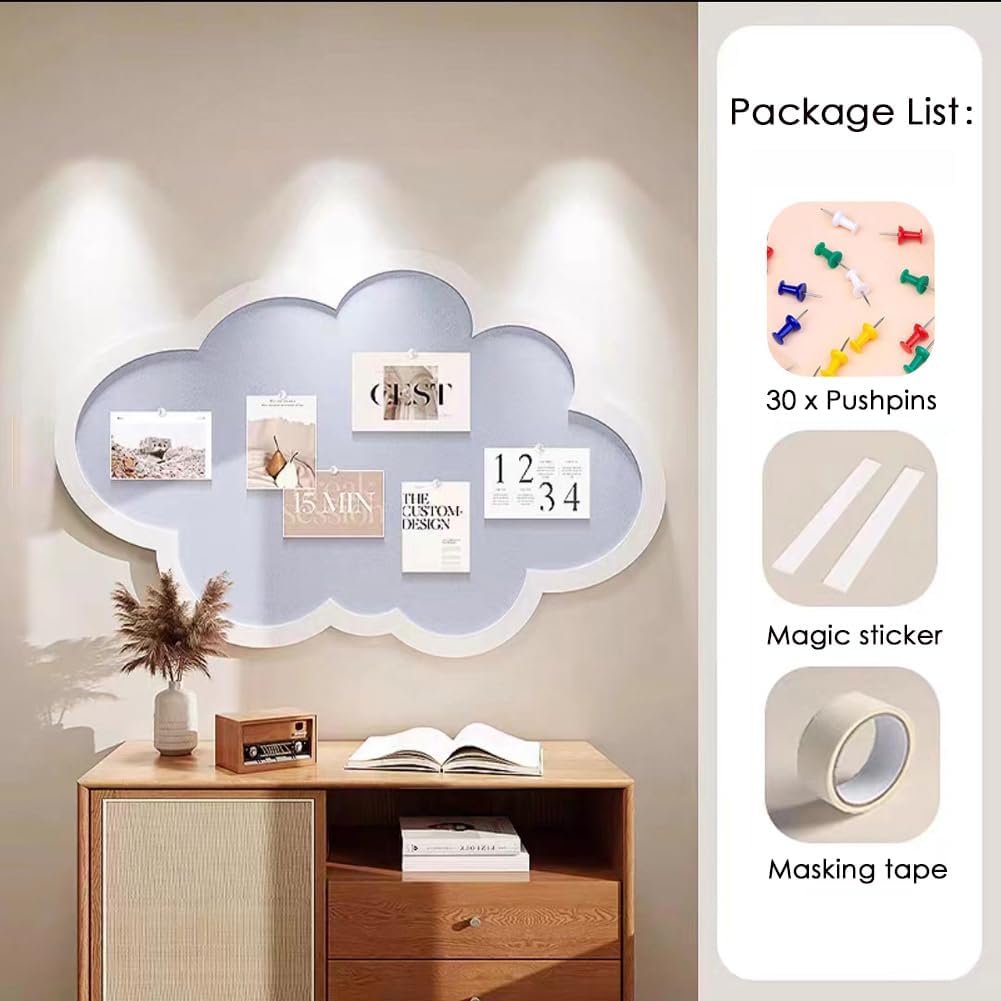Cute Bulletin Board,Cloud Shape Vision Pin Board with Pushpins,Self Adhesive Felt Memo Board,Wall Decoration for Home School,Corkboard Alternative (Blue,39.4"x23.6")
