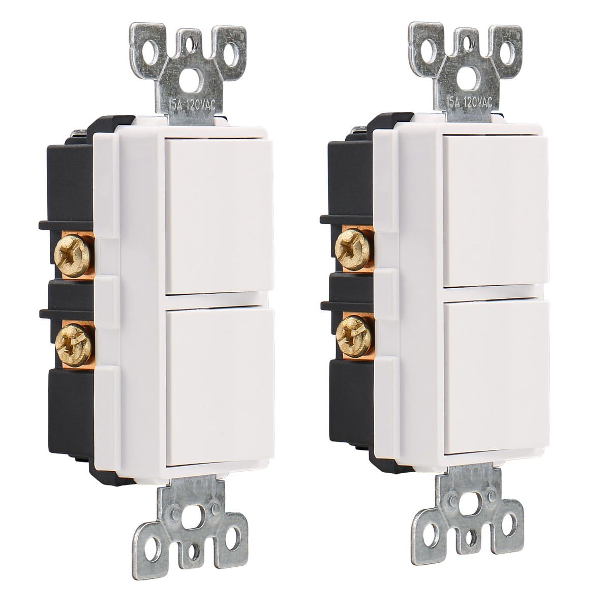Wengart Duplex Rocker Combination Decorator Switch,120VAC 15Amp,Ground Terminal,Residential/Commercial Grade,2 Individual Switches,UL Listed,Pack of 2,White