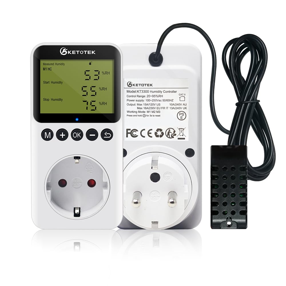 KETOTEK Prise Hygrostat Numérique avec Sonde, Contrôleur Humidité 220V pour Terrarium Reptile Couveuse Incubateur