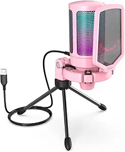 USB Gaming PC Microphone for Streaming Podcasts, AmpliGame RGB Computer Condenser Desktop Mic, Cardioid Pickup Pattern for YouTube Video, Play and Play on PS4 PS5, with Quick Mute, Mic Gain-Pink