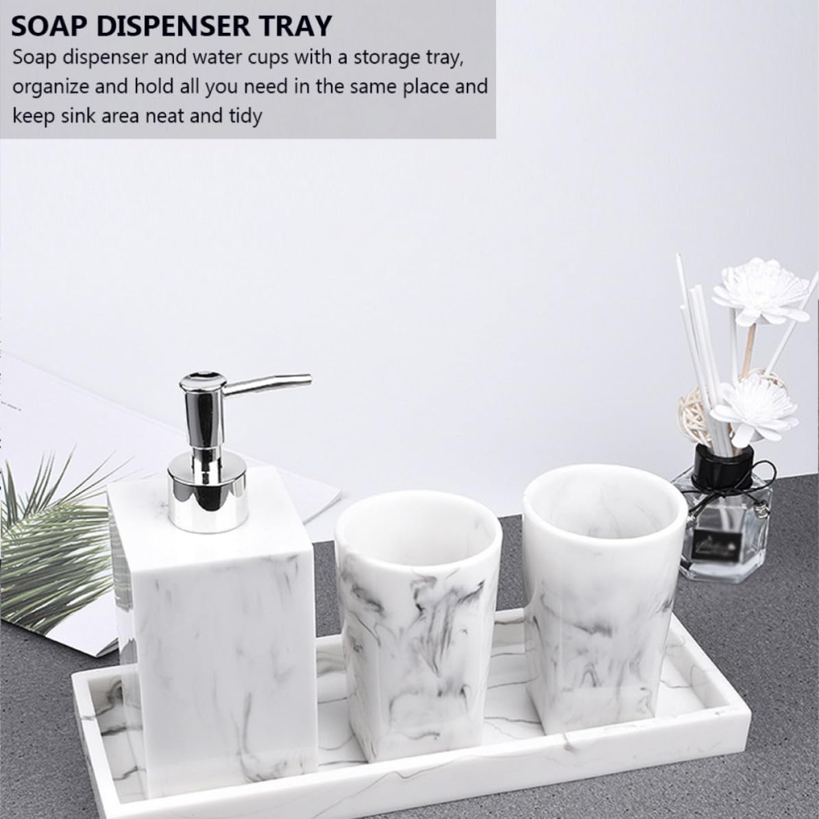 PLAFOPE Set accessori da bagno in resina effetto marmo con dispenser sapone e porta spazzolini, 1 set, adatto a colleghi e occasioni nuziali